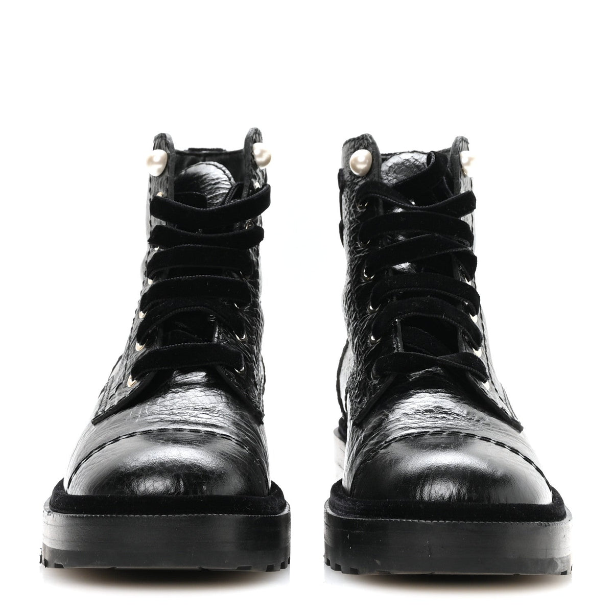 Shiny Calfskin Velvet Pearl Combat Short Boots 37.5 Black