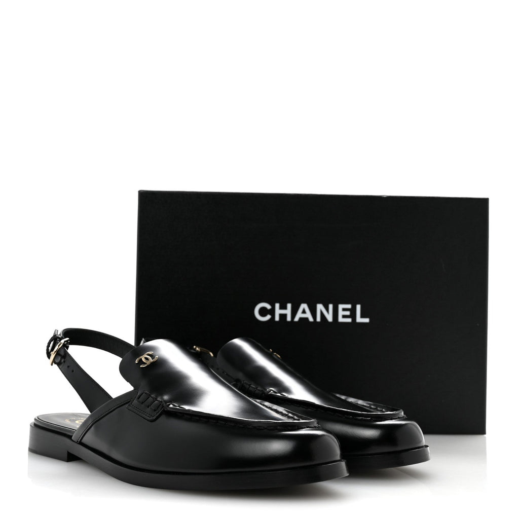 Shiny Calfskin Slingback Loafers 39.5 Black