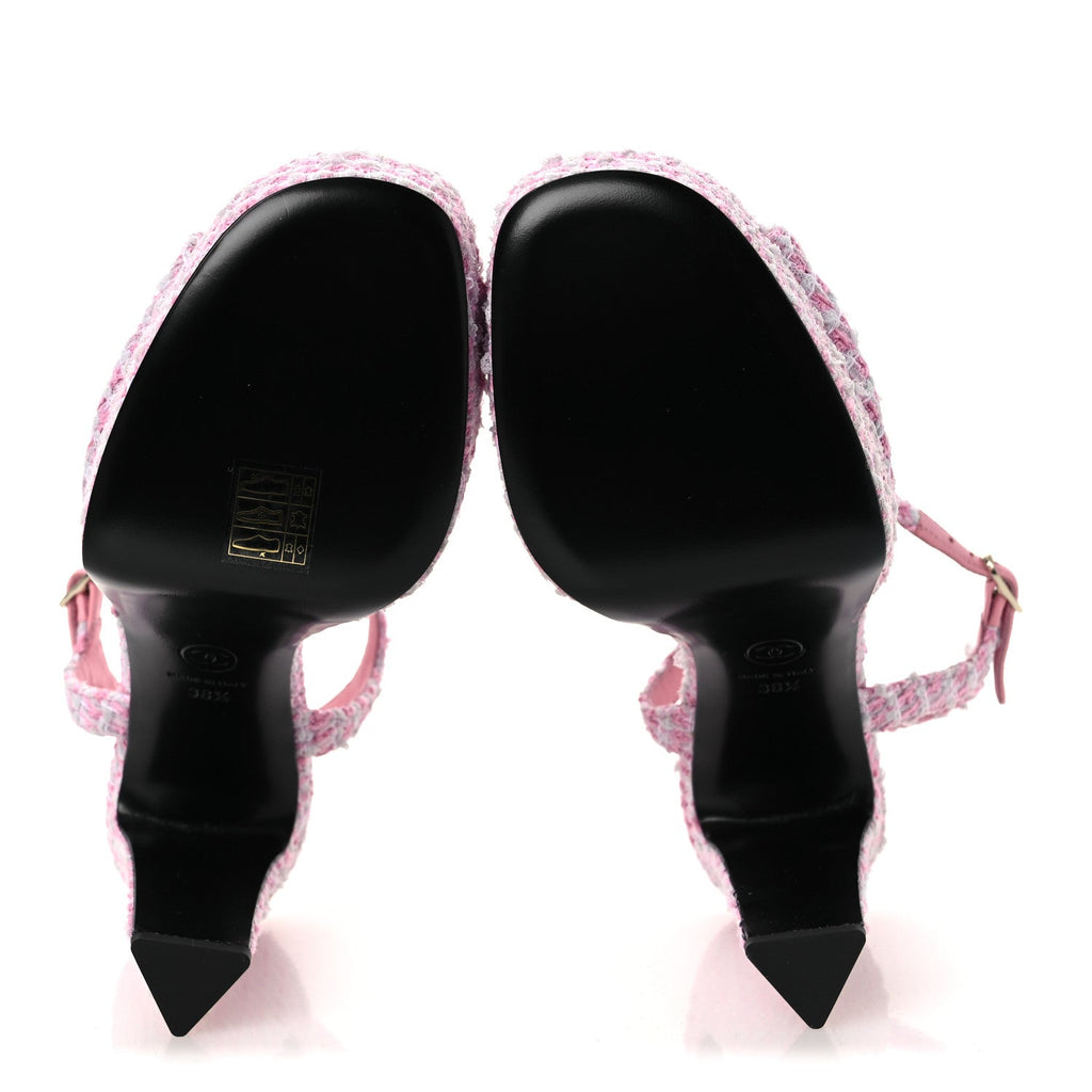 Tweed Crystal CC Platform Sandals 38.5 Light Pink