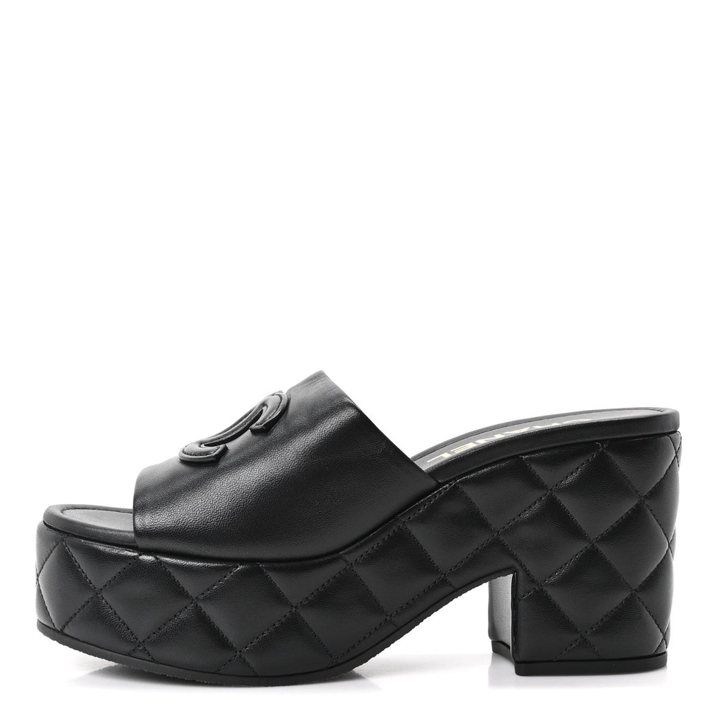 Lambskin Quilted CC Platform Mules 38.5 Black