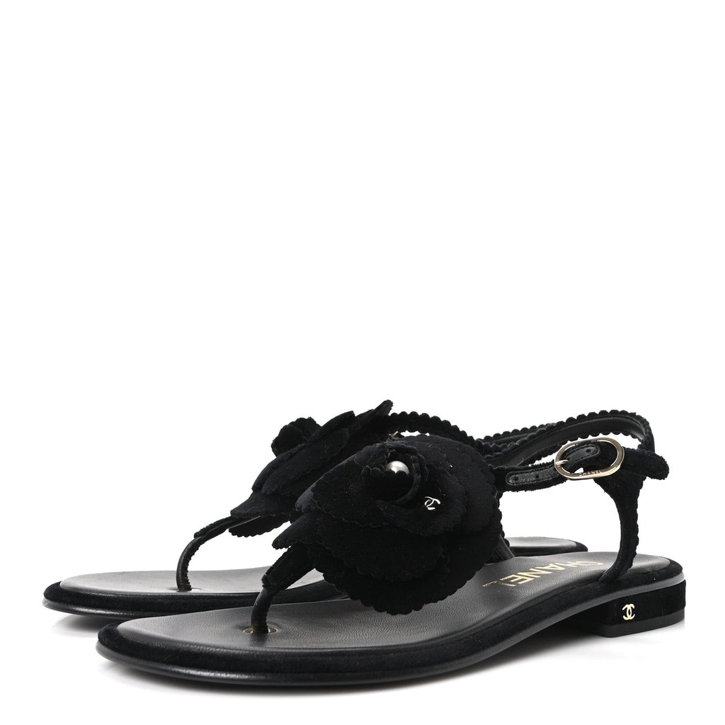 Velvet Pearl Camellia Thong Sandals 37.5 Black