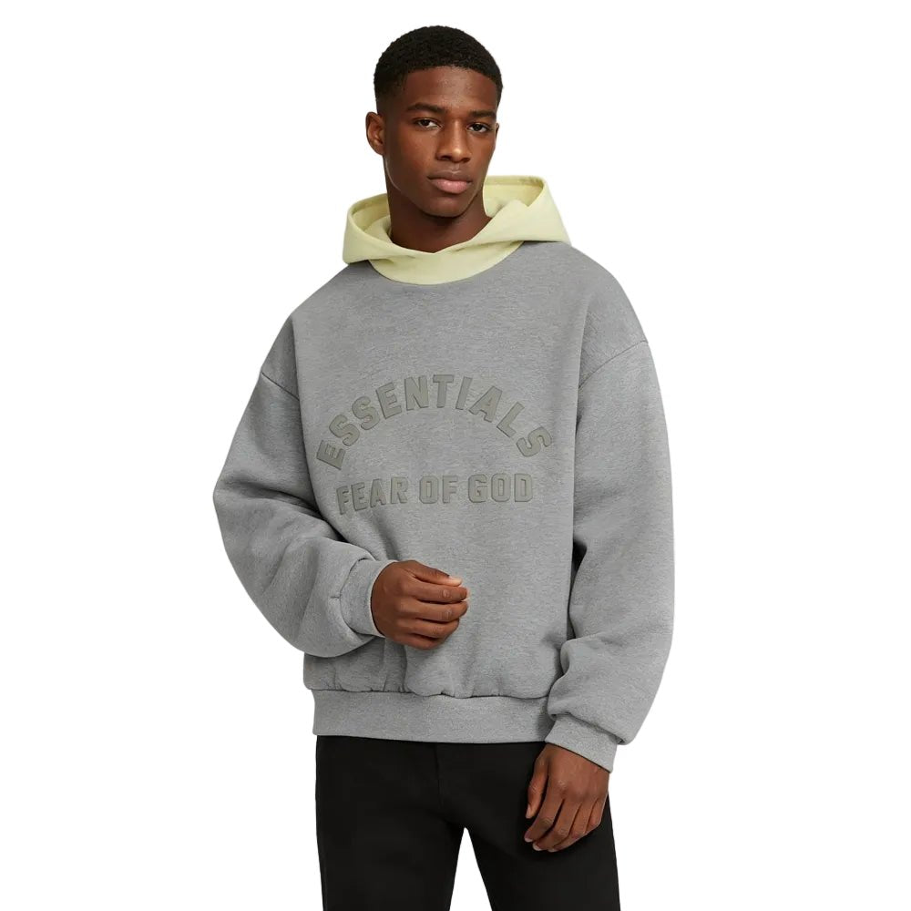 Fear of God Essentials SS24 Nylon Fleece Hoodie Dark Heather Oatmeal Garden Yellow