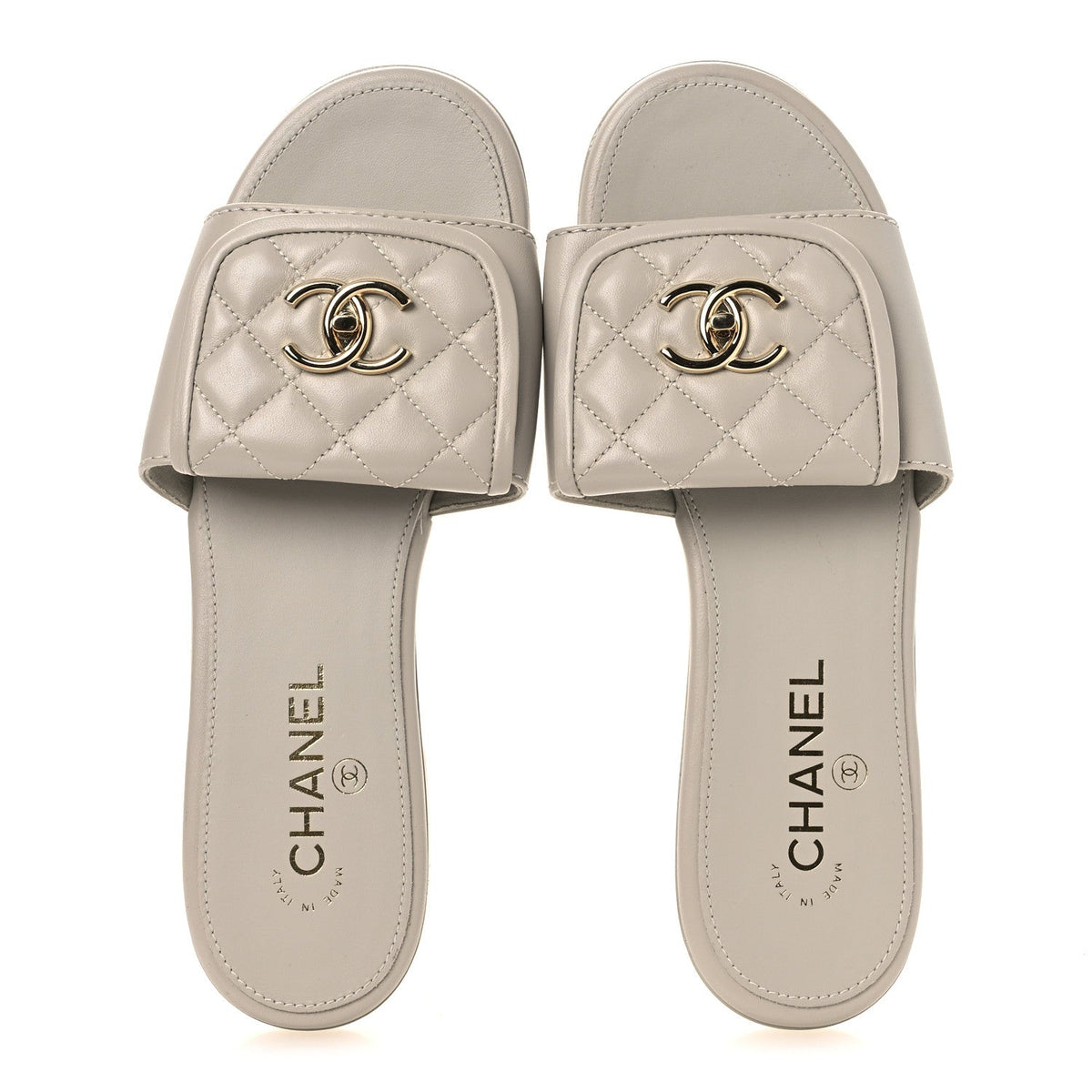 Lambskin Quilted Turnlock Flat Mules 39.5 Light Gray