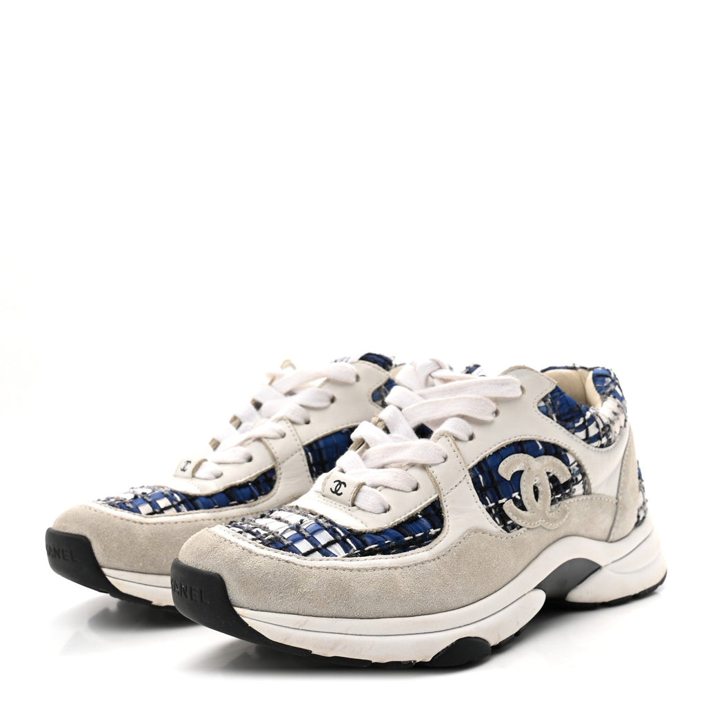 Tweed Suede Calfskin Womens CC Sneakers 37 Dark Blue Black Grey White