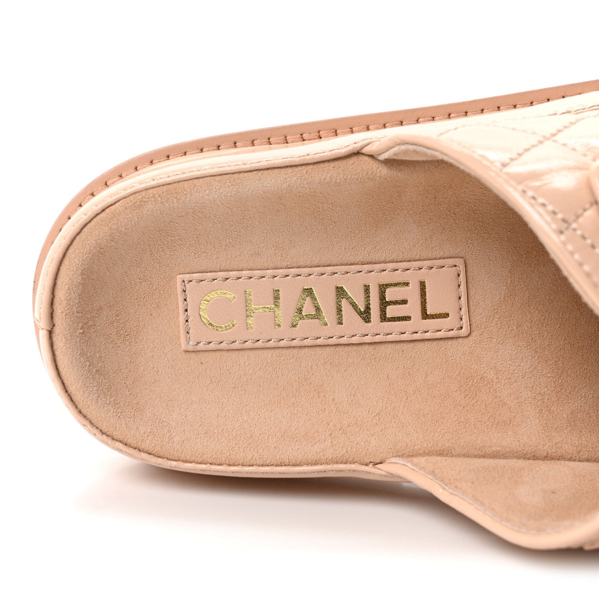 Shiny Calfskin Quilted Velcro Dad Crystal CC Slide Sandals 38 Beige
