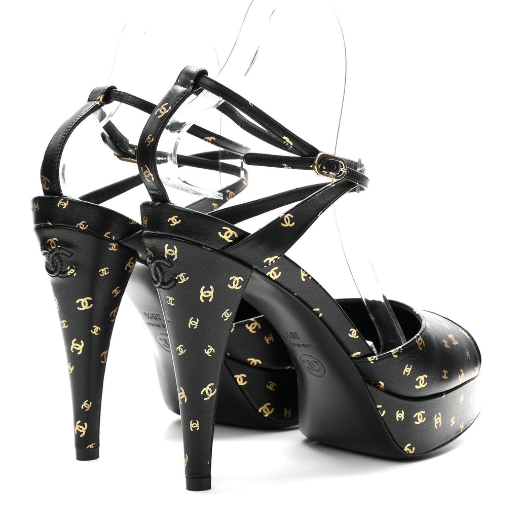 Printed Lambskin Patent Calfskin CC Platform Pumps 39.5 Black Gold