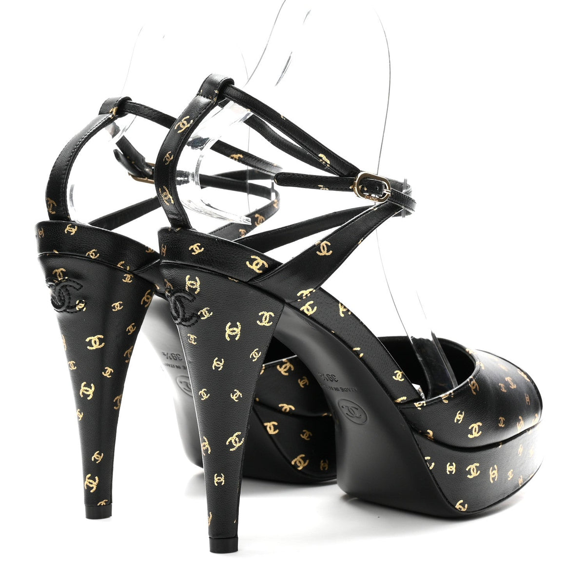 Printed Lambskin Patent Calfskin CC Platform Pumps 39.5 Black Gold