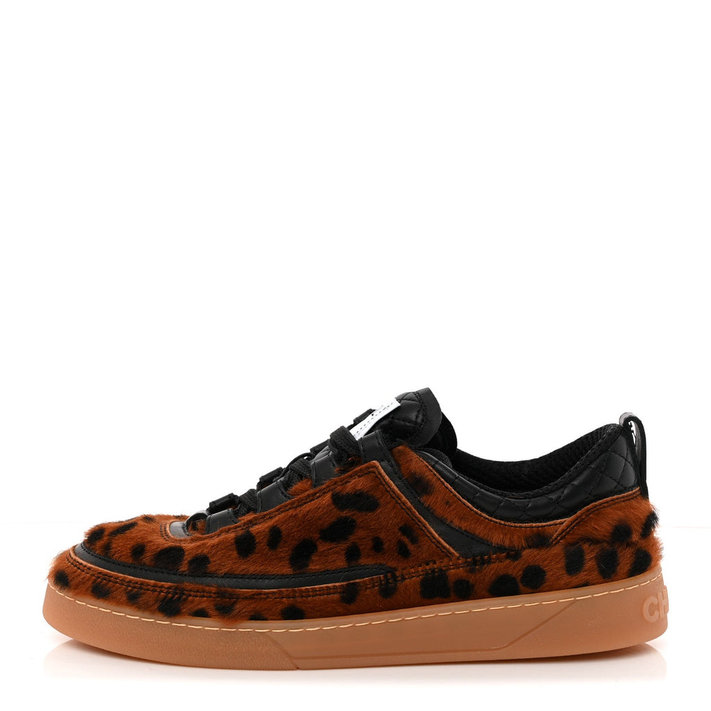 Lambskin Cheetah Print Quilted Sneakers 38.5 Brown Black