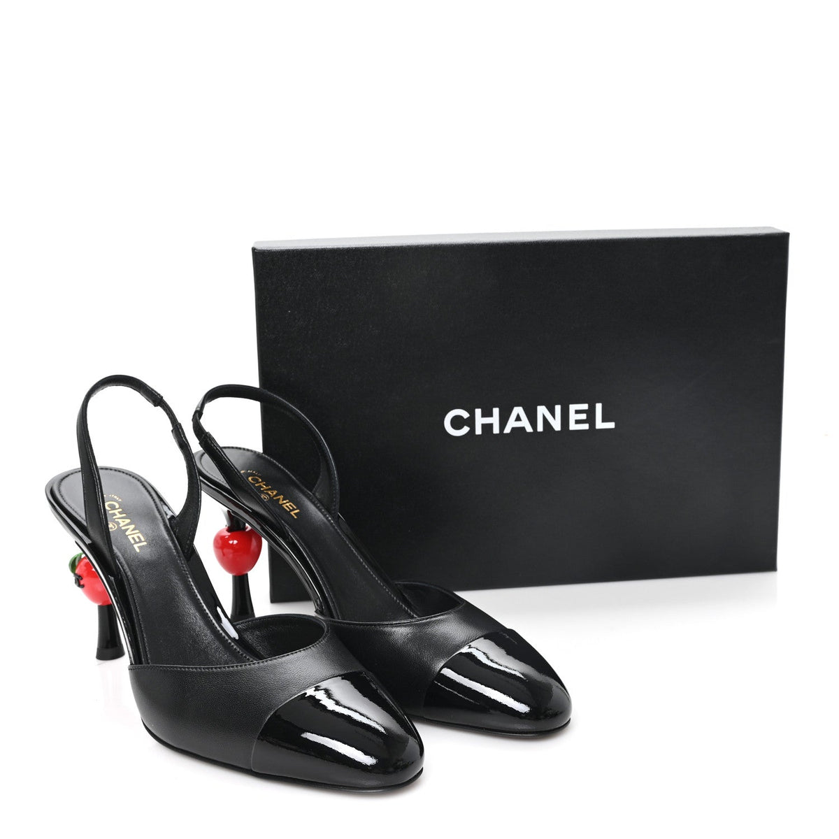 Lambskin Patent Cap Toe CC Apple Slingback Pumps 40 Black