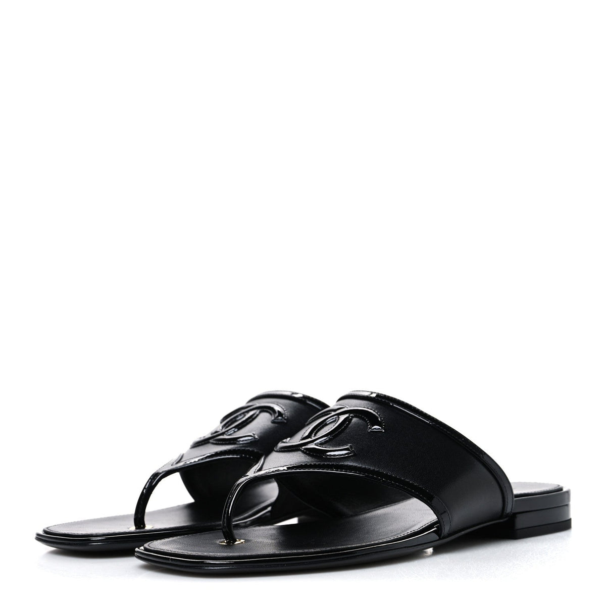 Lambskin Patent Calfskin CC Thong Sandals  37 Black