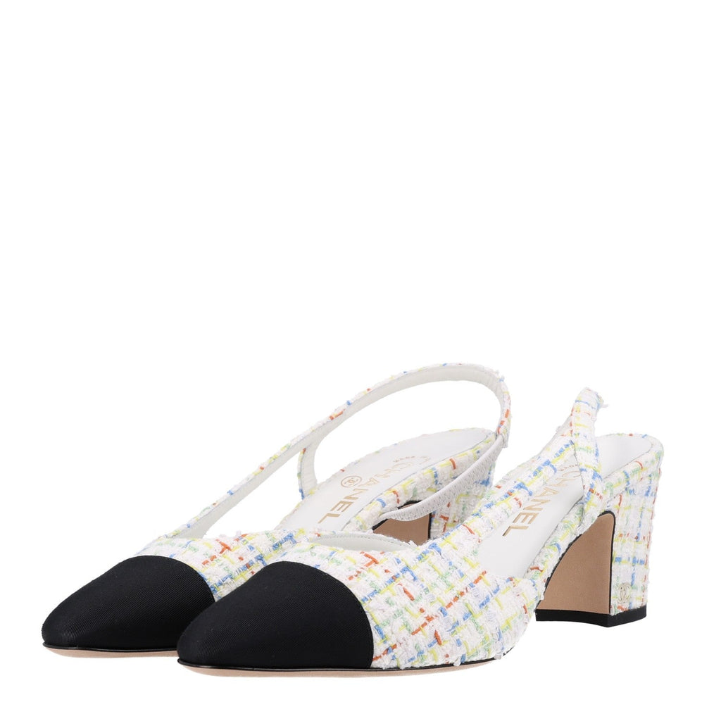 Tweed Grosgrain Cap Toe CC Slingback Pumps 40 White Multicolor