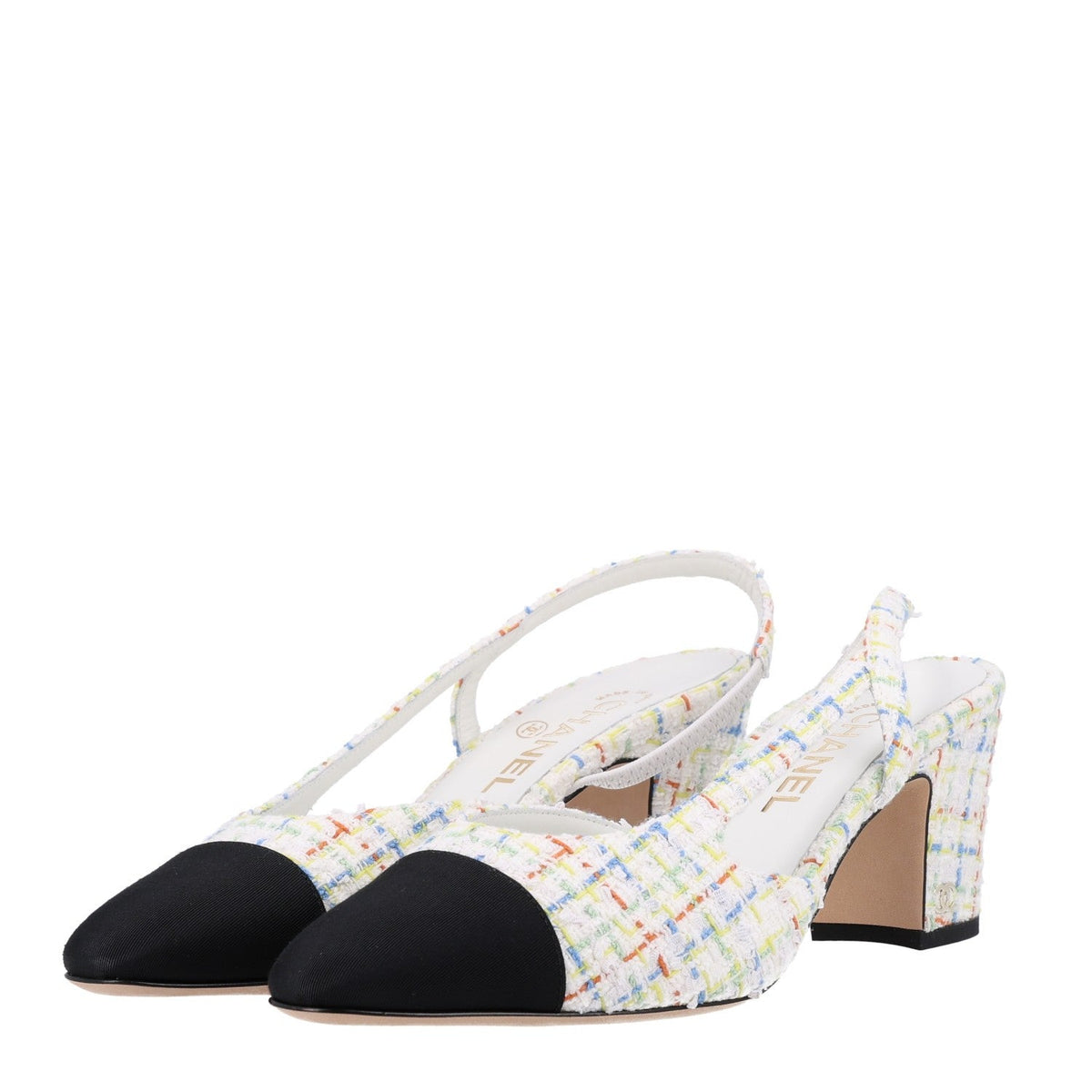 Tweed Grosgrain Cap Toe CC Slingback Pumps 40 White Multicolor