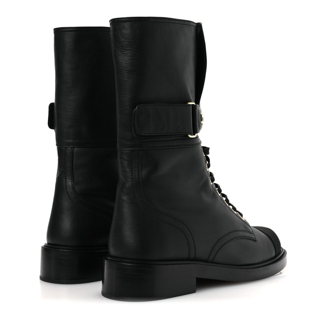Calfskin Grosgrain Lace Up Combat Boots 38.5 Black